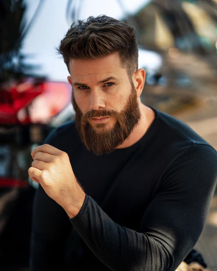 Long Fringe + Medium Hair Undercut + Groomed Beard