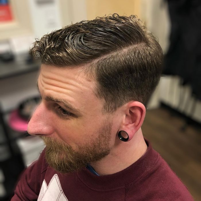 Wavy Comb Over Fade + Hard Part + Beard