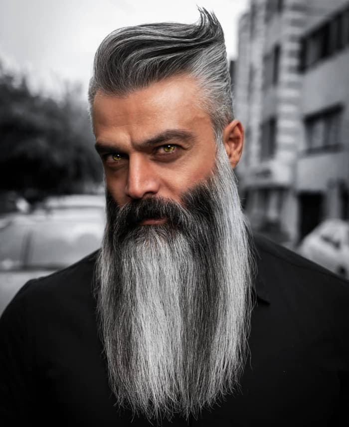 Low Fade + Slick Back + Long Beard