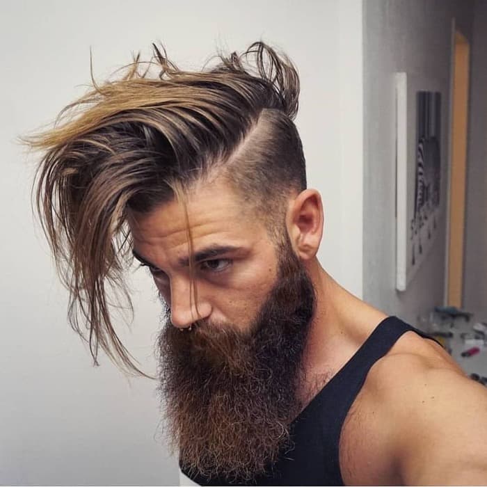 Messy Long Hair with Fade and Thick Beard