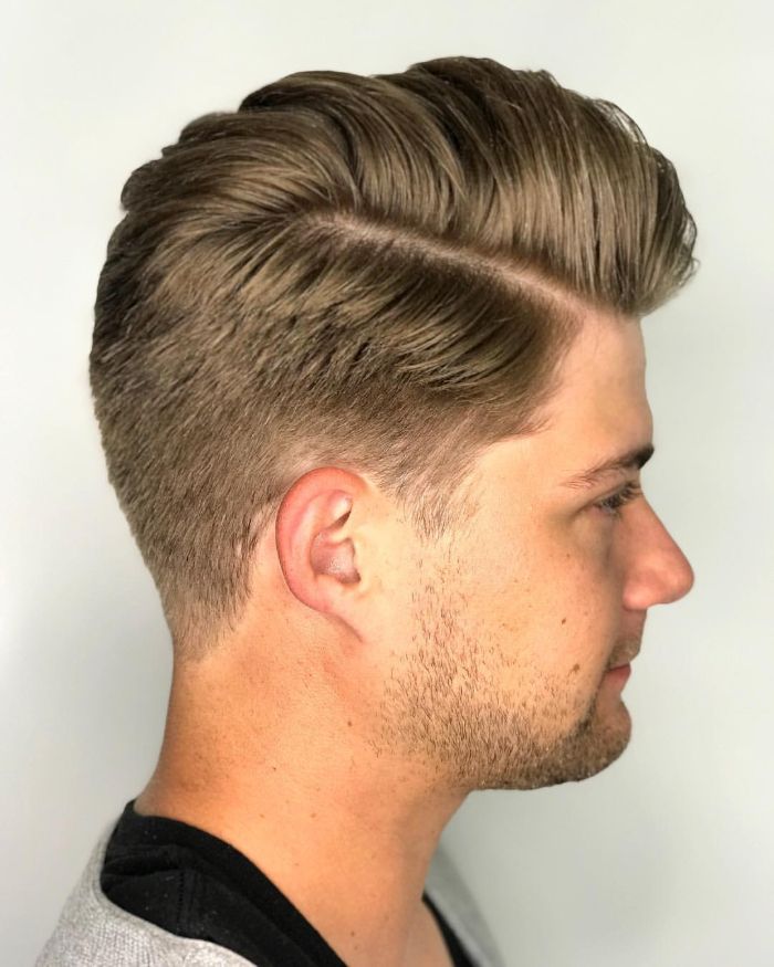 Side Part Pompadour Hairstyle + Mid Fade