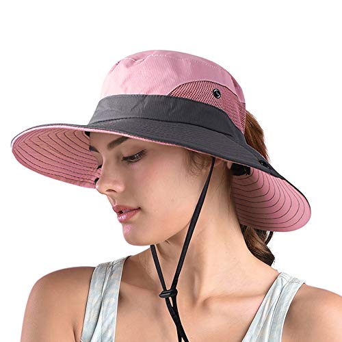 Ponytail Sun Hats for Women,Wide Brim Summer Safari Beach Hat,Outdoor UV Protection Bucket Fishing Hat (A-Pink)