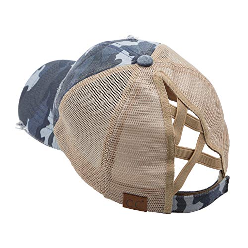 Funky Junque H-216-783-3184 Distressed Ponycap - Mesh - Blue Camo W/Criss Cross Back