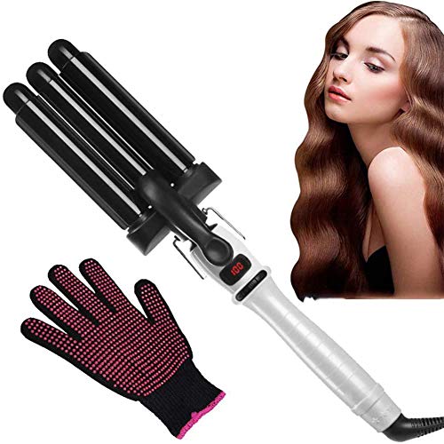 DONYKARRY Triple Barrels Deep Hair Curling Waver, LCD Digital Perm Ceramic PTC Curler Tongs Wave Curly Iron Hair Waver Roller Fast Heating Black White