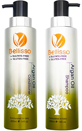 Bellisso Moroccan Argan Oil Shampoo and Conditioner Set Sulfate Free for Normal Oily Curly Dry Damaged Color and Keratin Treated Hair for Men and Women