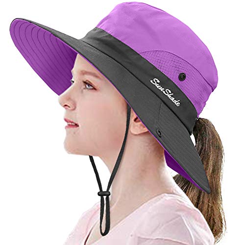 LCZTN Kids Ponytail Sun Hat Wide Brim UV Protection for Girls Beach Bucket Cap (M:20.5"-21.7" Head circumferences, Suggest to 5-12T, Purple)