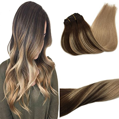 GOO GOO Hair Extensions Clip in Ombre Chocolate Brown Highlighted Ash Blonde Remy Clip in Human Hair Extensions Thick Straight Real Hair Extensions 18 inch 7pcs 120g