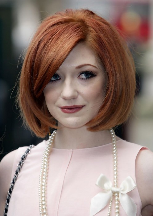 Chic Short Copper Bob Haircut with Side Sweep Bangs - Nicola Roberts Haircuts