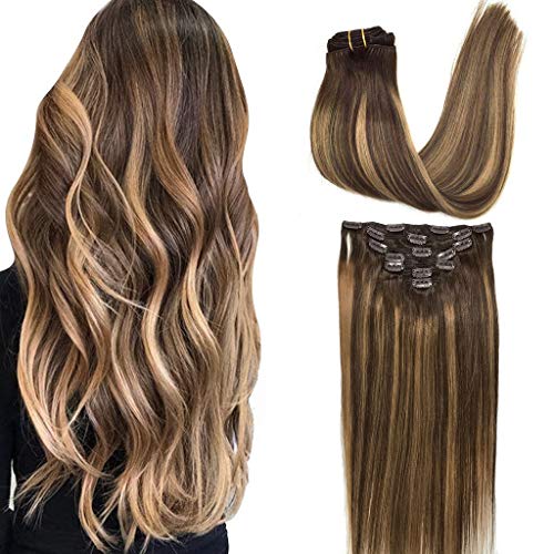 GOO GOO Hair Extensions Clip in Ombre Chocolate Brown to Caramel Blonde Remy Human Hair Extensions Clip in Real Hair Extensions Natural Hair Extensions Straight 7pcs 120g 16 inch