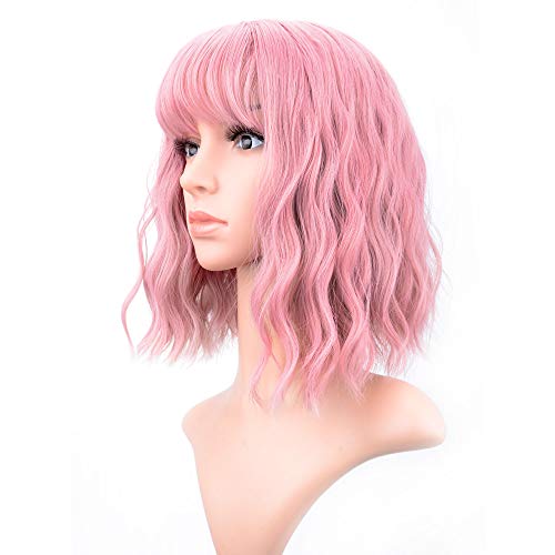 VCKOVCKO Pastel Wavy Wig With Air Bangs Women's Short Bob Pink Wig Curly Wavy Shoulder Length Pastel Bob Synthetic Cosplay Wig for Girl Colorful Costume Wigs(12", Pink)