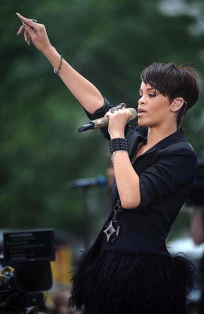 Rihanna was quite fashionable in her feathered black tutu and black jacket to pair with her side-swept raven pixie hairstyle on stage for CBS 'The Early Show' with Rihanna held at the CBS Studios Plaza in New York, NY on June 20, 2008.