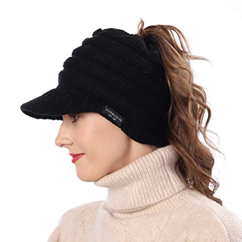 Jazmiu Women's BeanieTail Warm Knit Hat Messy High Bun Ponytail Visor Beanie Cap B085 (A-Black)