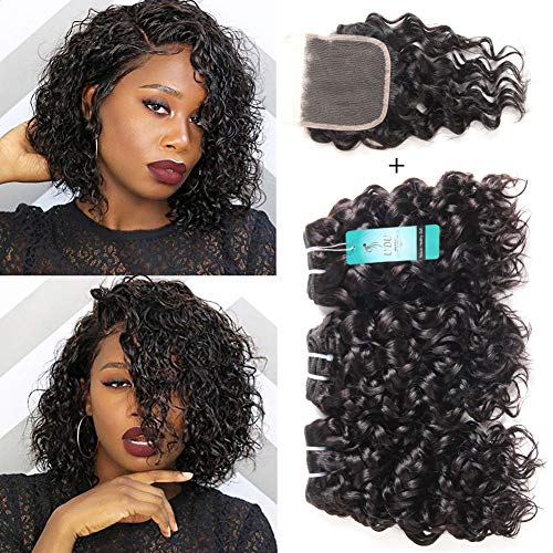 Malaysian Water Wave Bundles with Closure, 10A Ocean Wave Wet & Wavy Human Hair Bundles with Closure, 100% Human Hair Weave Extensions Remy Hair Bundles Water Curly Hair (8 8 8+8inch)