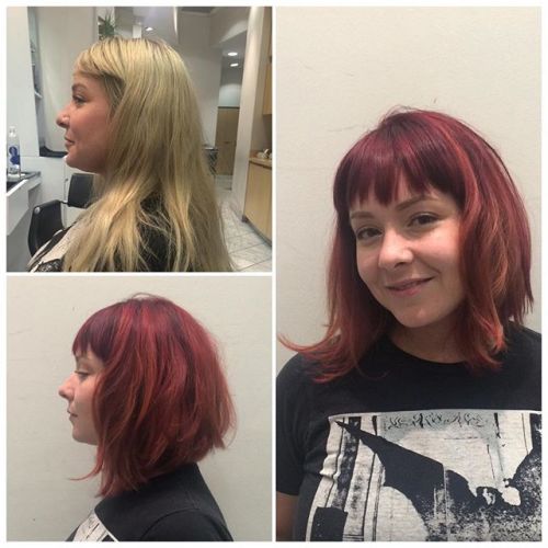 textured messy a-line bob hairstyle with bangs for medium length hair