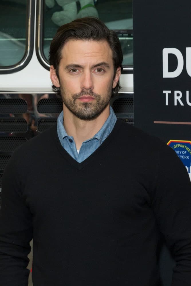 On March 8, 2018, Milo Ventimiglia teams up with Duracell and the FDNY for Fire Safety at FDNY Engine 8/Ladder 2 sporting his side-swept hair and a stubble beard.