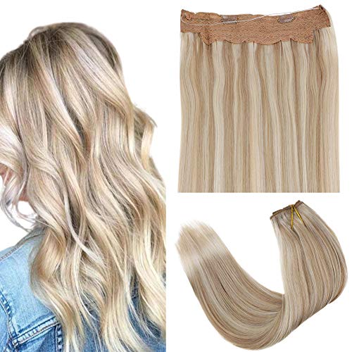 LaaVoo 18" Highlight Blonde Halo Hair Extensions Rremy Human Hair Ash Blonde Mixed Bleach Blonde Fish Line Hair Extensions Hidden Crown Halo Hair Width 10.5inch 80gram Per Pack