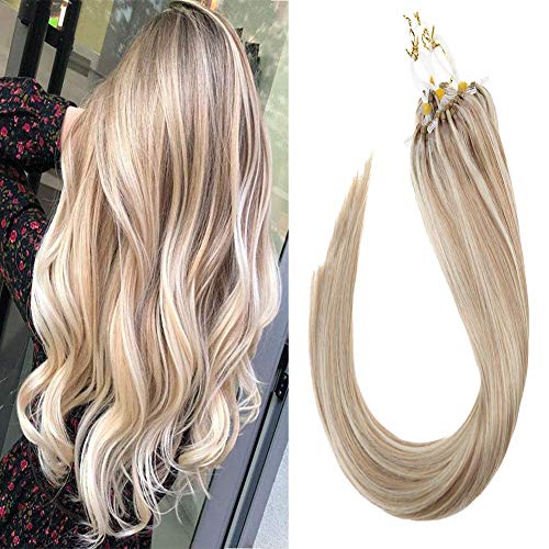 Sunny 22inch Micro Ring Hair Extensions Human Hair Dark Ash Blonde Mixed Bleach Blonde #18/613 Highlight Remy Micro Loop Hair Extensions 1g/s 40g+10g for free,50g/pack in Total.