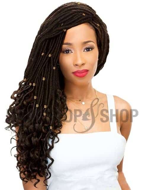 Woman with straight crochet hair.