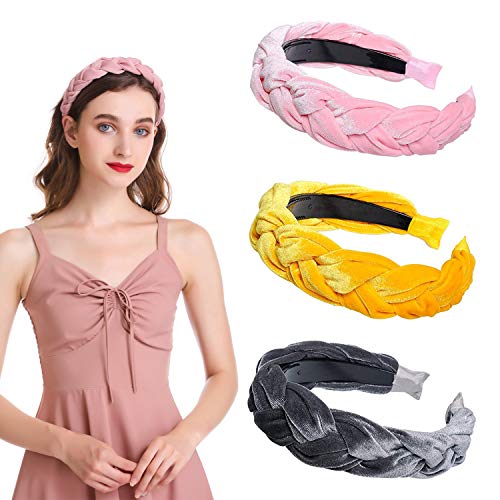 Velvet Braided Flock Padded Headband - AWAYTR Spanish Vintage Style Alice Hair band Matador Headband (Yellow + pink + gray)