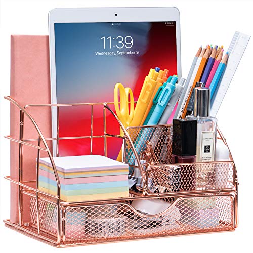 ARCOBIS Rose Gold Desk Organizer with Drawer, Office Desktop Pen Holder with 5 Compartments + 1 Large Drawer | The Mesh Collection