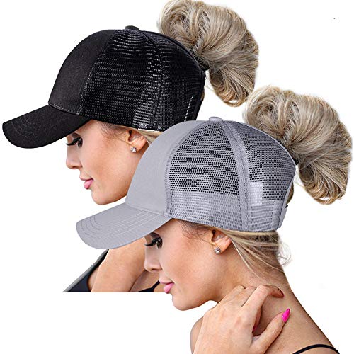 High Ponytail Hole Baseball Hats Cap for Women,Messy Bun Hat Adjustable Cotton and Mesh Trucker Baseball Sun Cap Black (Black/Grey(W))