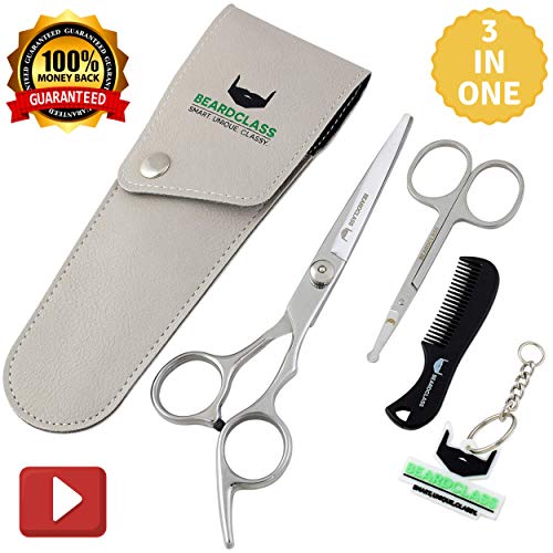 BEARDCLASS Beard Mustache Scissors Kit Set for Men (3 in 1) for Beard Care with Small Comb and Leather Pouch