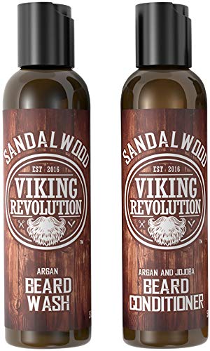 Beard Wash & Beard Conditioner Set w/Argan & Jojoba Oils - Softens & Strengthens - Natural Sandalwood Scent - Beard Shampoo w/Beard Oil (5oz)