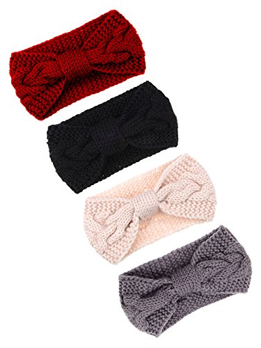 Pangda 4 Pieces Cable Knit Headband Crochet Headbands Plain Braided Head Wrap Winter Ear Warmer for Women Girls, 4 Colors (Black, Beige, Grey, Wine Red)