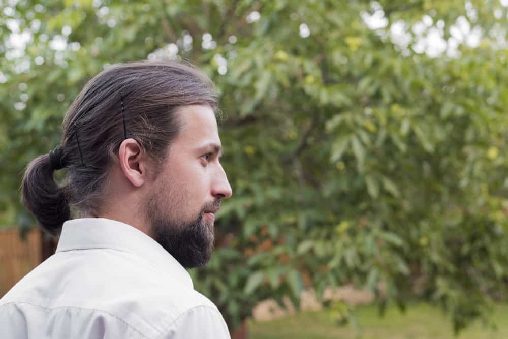 Side profile of a man with ponytail, hairpins, and beard.