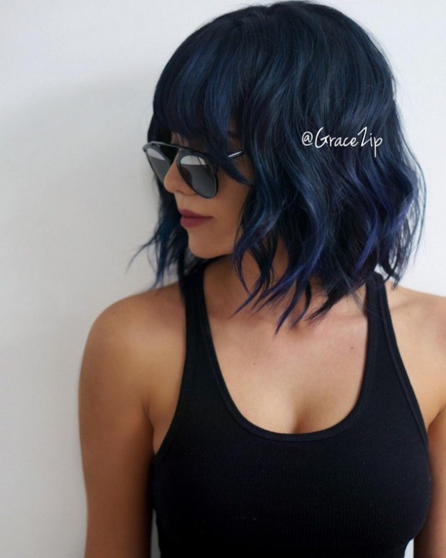 trendy short soft wavy dark bob hairstyle