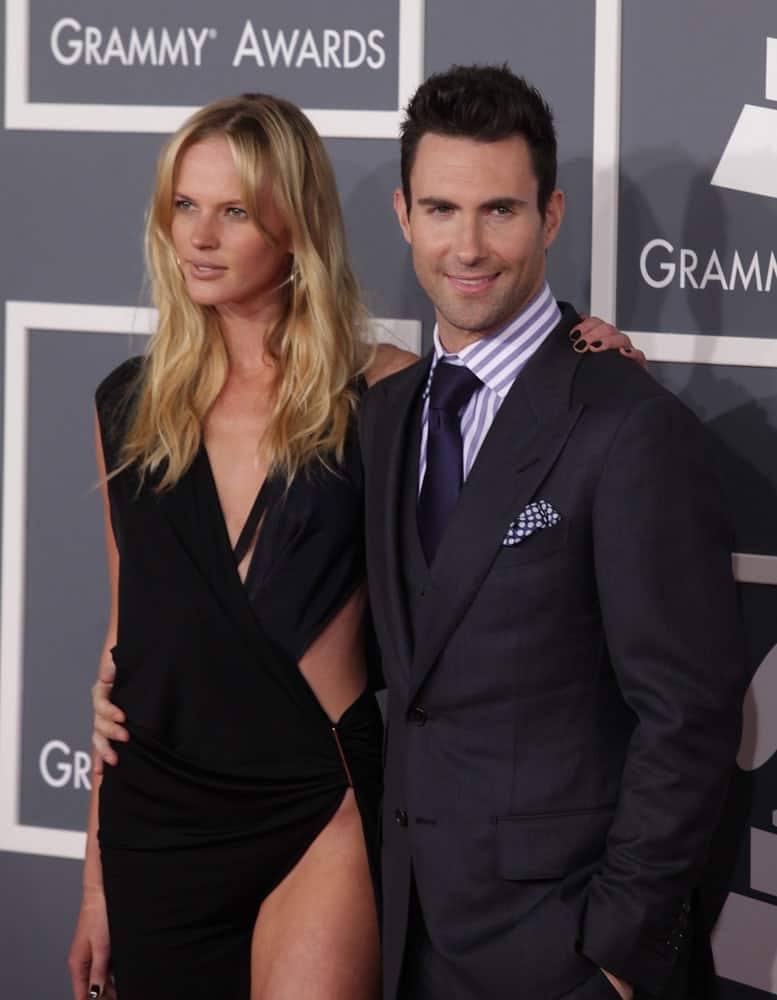 Adam Levine and Anne Vyalitsyna were at the Grammy Awards on February 12, 2012 in Los Angeles, CA. Levine wore a dapper three-piece suit with his spiked crew cut and five o'clock shadow.