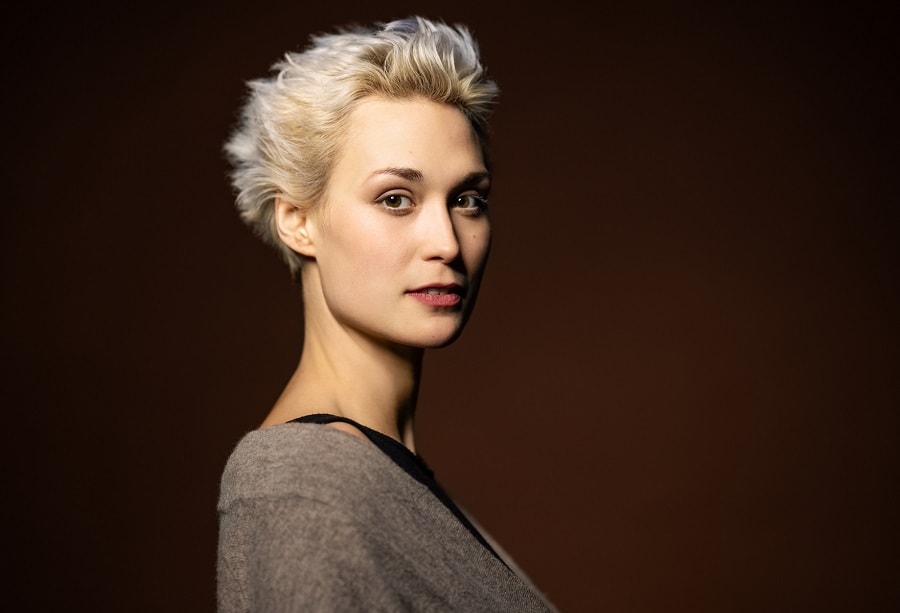 woman with short silver blonde hair