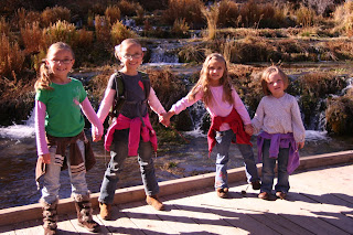 4 young sibling girls holding hands for a picture at a park by a lake