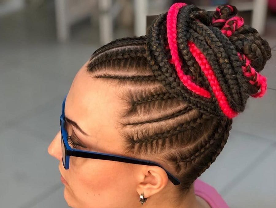 top bun with feed in braids