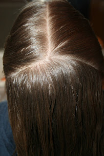 Back view of a young girl's hair being styled into “French Designer Heart” hairstyle