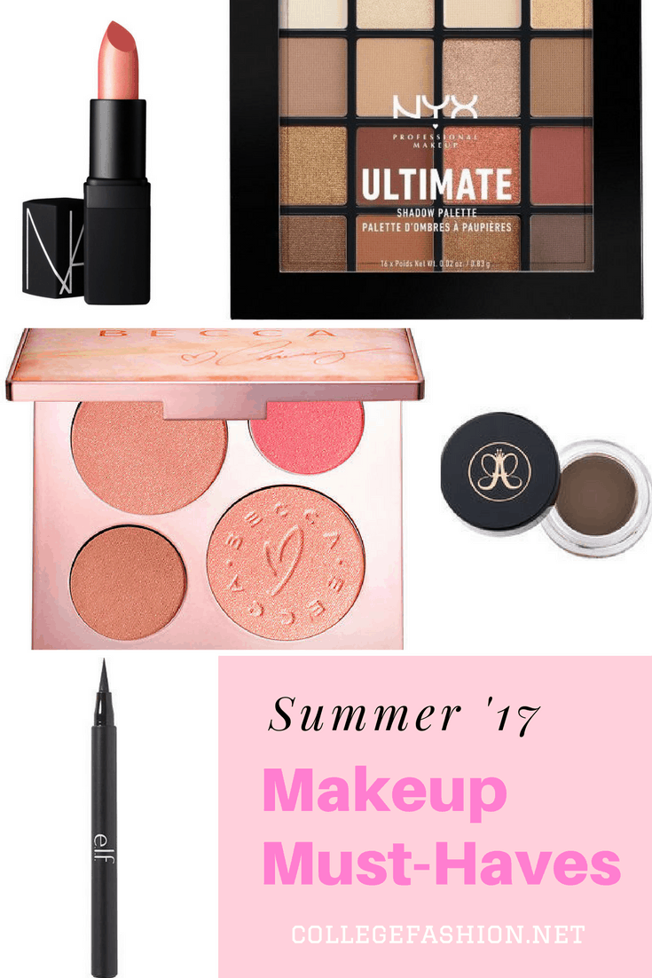 Summer 2017 Makeup Must-Haves: NARS Lipstick, NYX Ultimate palette, Becca x Chrissy Teigen palette, Anastasia DipBrow, elf Liquid Liner