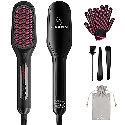 Ionic Hair Straightener Brush by COOLKESI, 30s Fast MCH Ceramic Heating Hair Straightening Brush with Anti Scald Feature, Auto-Off & Dual Voltage, Portable Frizz-Free Silky Electric Straightening Comb