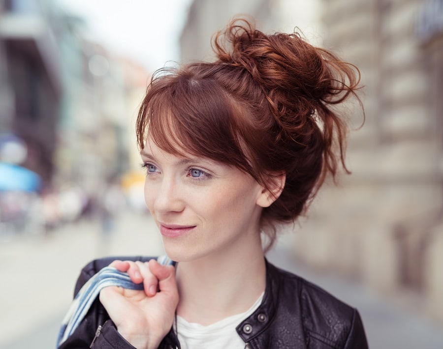 messy bun with bangs