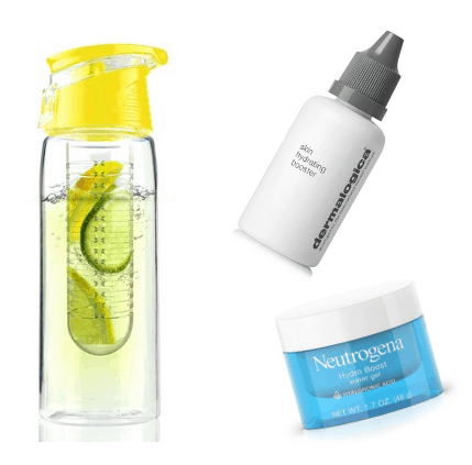 Moisturizing products: Water bottle, Neutrogena gel cream, dermalogica skin perfecting booster