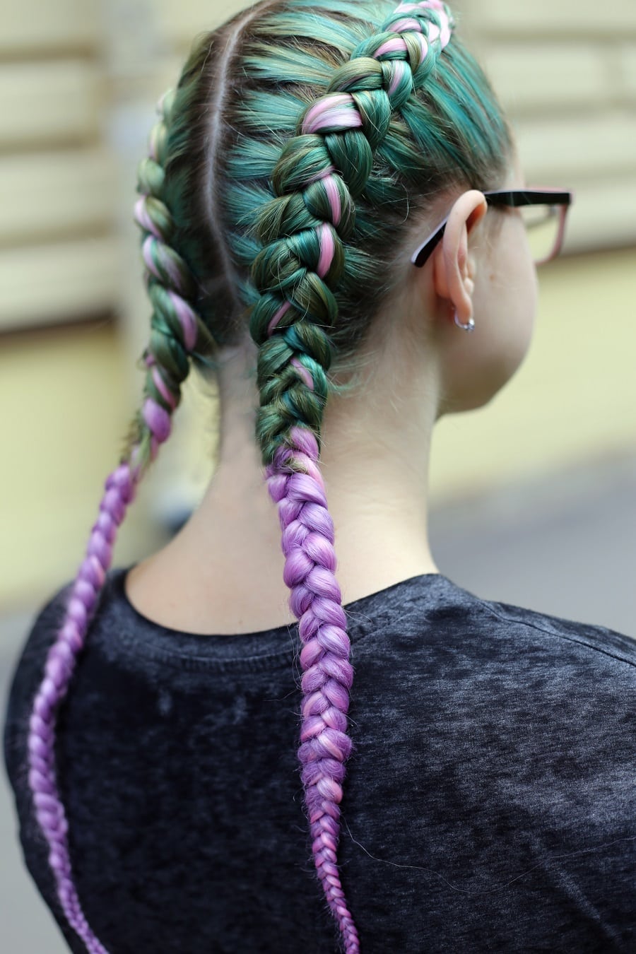 pastel green and purple toned boxer braids