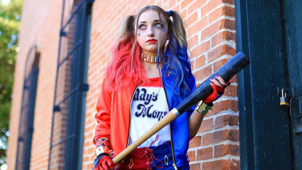 Girl dressed up as "Harley Quinn" Halloween Costume