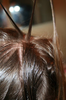 Top view of young girl's hair being styled into "Hair Twists into Messy Buns" hairstyle 