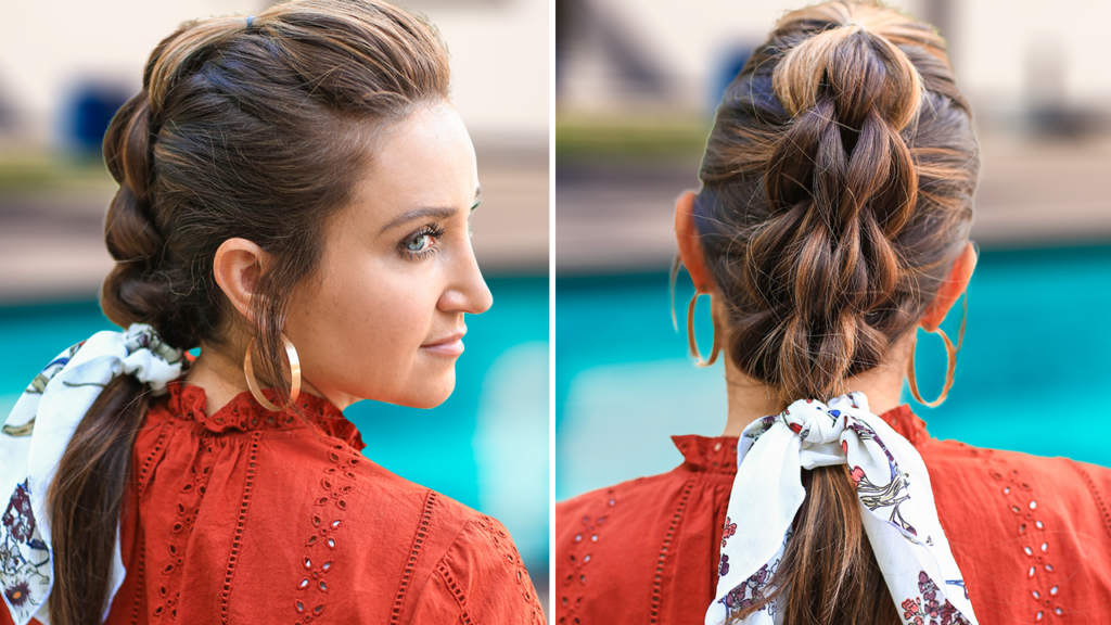 Woman standing by the pool modeling 3 Strand Pull Thru Braid