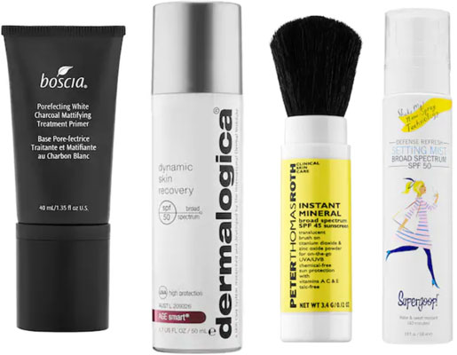 Music festival beauty: Face products with primer, skin recovery SPF, mineral based SPF and spf setting spray