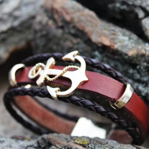 14k gold anchor leather bracelet