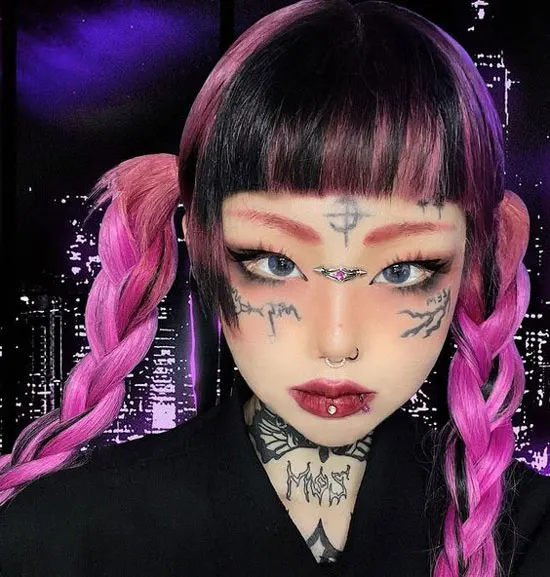 Black And Pink Braids With Hime Bangs