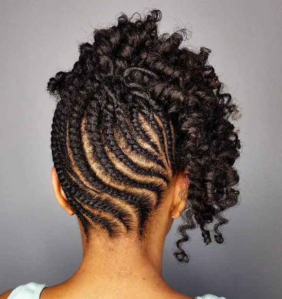 Cornrow updo With flat twists bangs