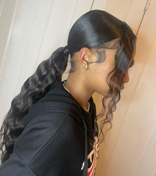 Middle Part Ponytail With Curly Bang