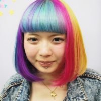 Short Straight Rainbow Bob Hairstyle with Blunt Bangs